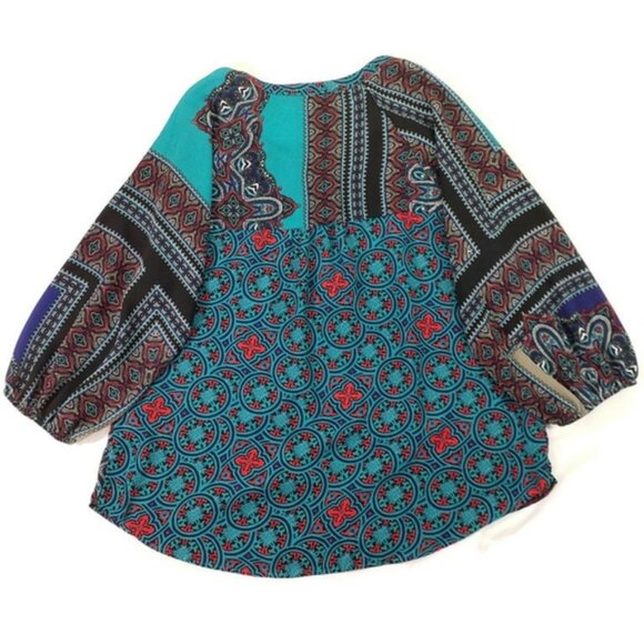 Figueroa & Flower Boho Patchwork Print 3/4 Sleeve Popover Blouse Womens Large - Picture 8 of 15